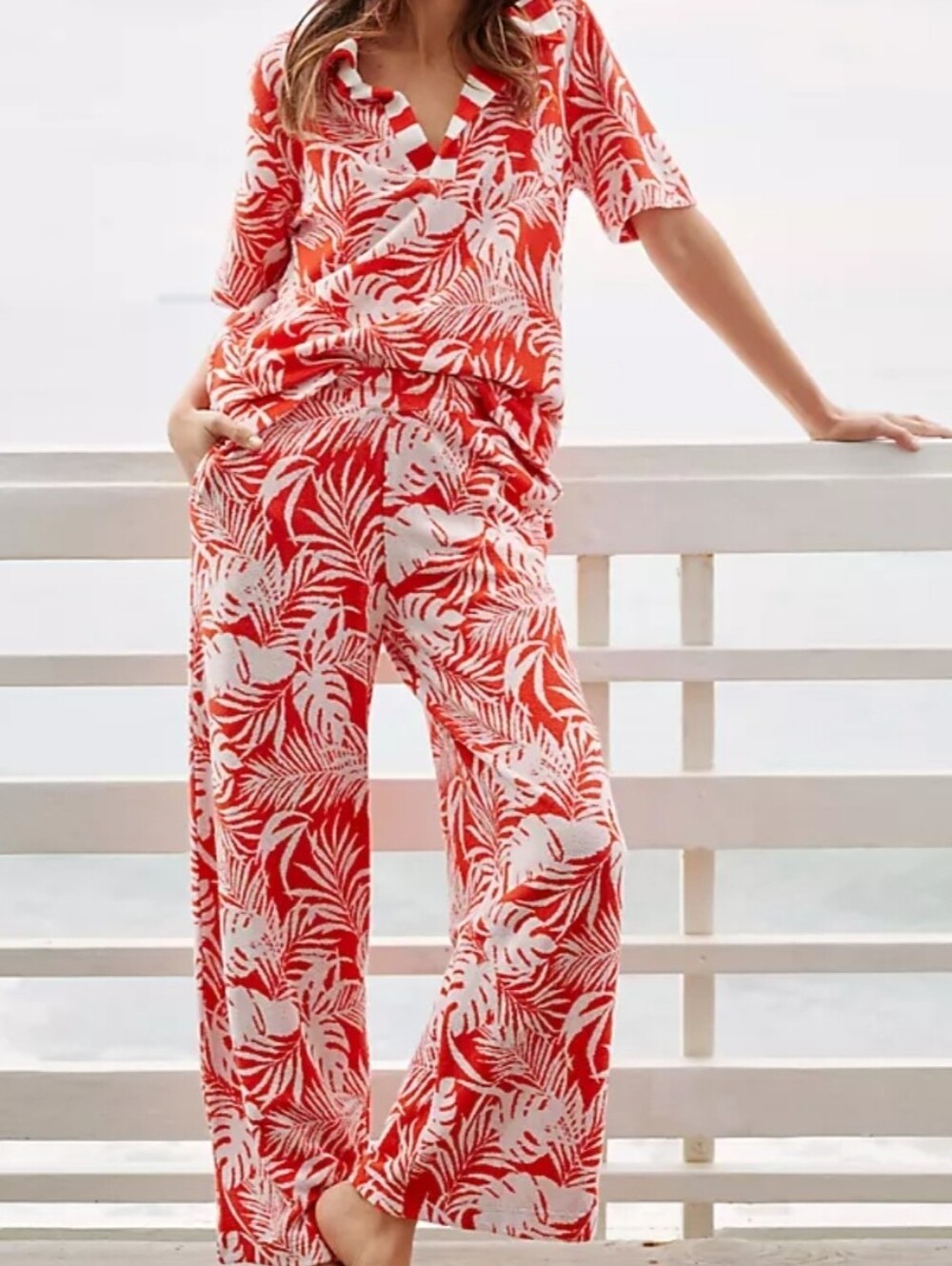 Anthroplogie The Upside Orange & White Tropical Print Wide-Leg Pants S & Shirt M